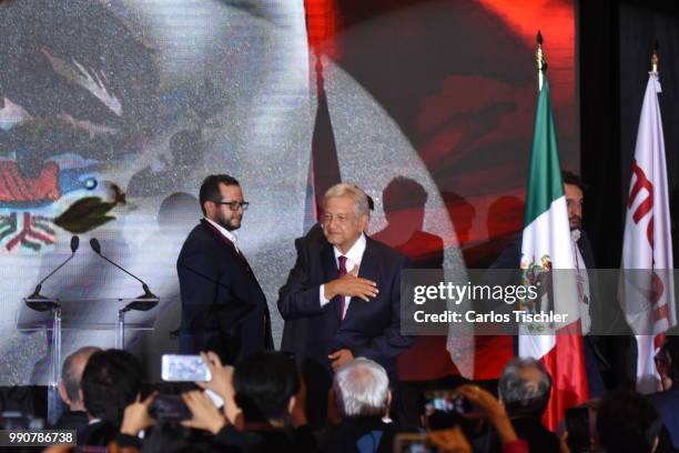 Andres Manuel Lopez Obrador virtual elected President of Mexico offers a press conference during the Mexico 2018 Presidential Election on July 1,...