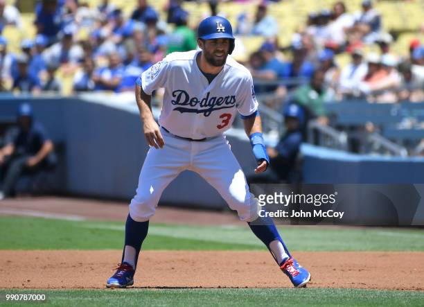 Chris Taylor of the Los Angeles Dodgers leads off from first base in the first inning against the Colorado Rockies at Dodger Stadium on July 1, 2018...