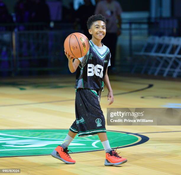 Miles Brown plays basketball at the Celebrity Basketball Game during the 2018 BET Experience at Los Angeles Convention Center on June 23, 2018 in Los...