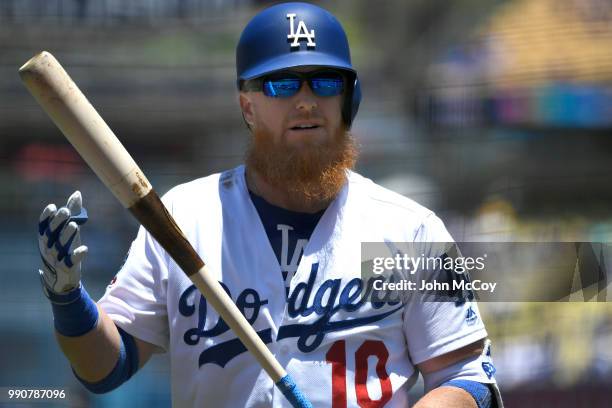 Justin Turner of the Los Angeles Dodgers goes up to bat against the Colorado Rockies in the first inning at Dodger Stadium on July 1, 2018 in Los...