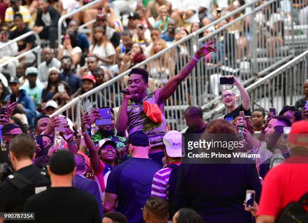 Rapper Desiigner performs at the Celebrity Basketball Game during the 2018 BET Experience at Los Angeles Convention Center on June 23, 2018 in Los...