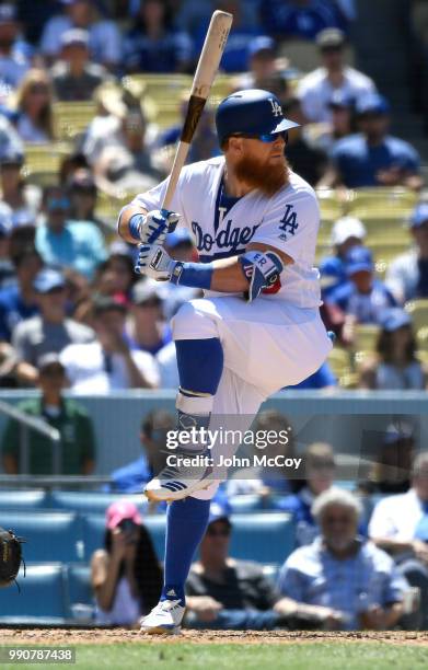 Justin Turner of the Los Angeles Dodgers at bat in the fifth inning against the Colorado Rockies at Dodger Stadium on July 1, 2018 in Los Angeles,...