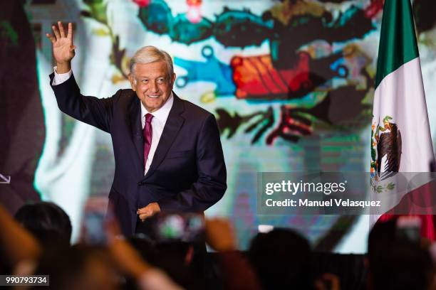 Andres Manuel Lopez Obrador, salutes attendants after his virtual victory in the elections for the Presidency of Mexico in the Media Center at the...