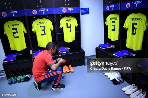 General view inside the Colombia dressing room prior to the 2018 FIFA World Cup Russia Round of 16 match between Colombia and England at Spartak...