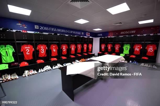 General view inside the England dressing room prior to the 2018 FIFA World Cup Russia Round of 16 match between Colombia and England at Spartak...