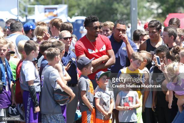 Donovan Mitchell of the Utah Jazz hosts a 3 v 3 Tournament at vivint.SmartHome Arena on July 2, 2018 in Salt Lake City, Utah. NOTE TO USER: User...