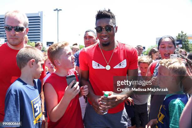 Donovan Mitchell of the Utah Jazz hosts a 3 v 3 Tournament at vivint.SmartHome Arena on July 2, 2018 in Salt Lake City, Utah. NOTE TO USER: User...