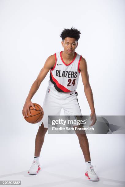 Draft Pick Anfernee Simons of the Portland Trails Blazer poses for a photo on June 25, 2018 at the Trail Blazer Practice Facility in Portland,...
