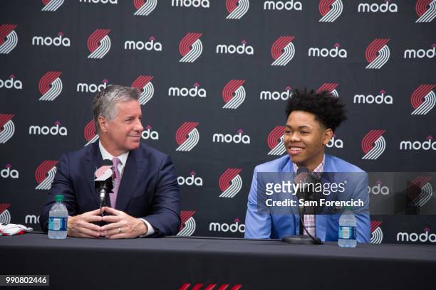 June 25: General Manager Neil Olshey of the Portland Trails Blazer introduces first round draft pick Anfernee Simons to the local media on June 25,...