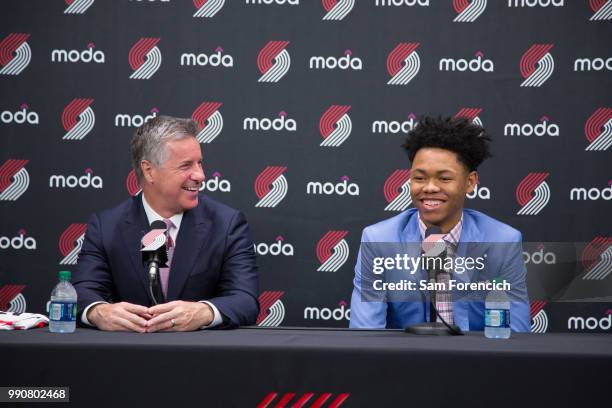 June 25: General Manager Neil Olshey of the Portland Trails Blazer introduces first round draft pick Anfernee Simons to the local media on June 25,...