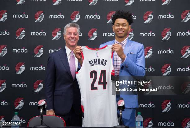 June 25: General Manager Neil Olshey of the Portland Trails Blazer introduces first round draft pick Anfernee Simons to the local media on June 25,...