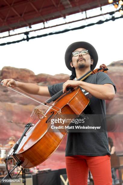 Joe Kwon of The Avett Brothers at Red Rocks Amphitheatre on July 1, 2018 in Morrison, Colorado.