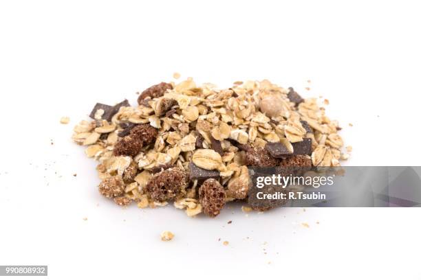 healthy oat granola muesli cereals with chocolate on white - chocolate flake bildbanksfoton och bilder