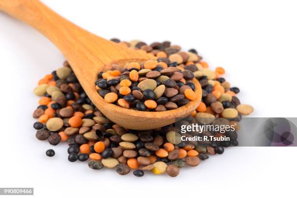 various lentils mix on a white background in a wooden spoon - lentil stock-fotos und bilder