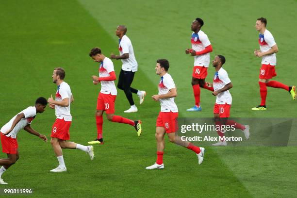 England players warm up prior to the 2018 FIFA World Cup Russia Round of 16 match between Colombia and England at Spartak Stadium on July 3, 2018 in...