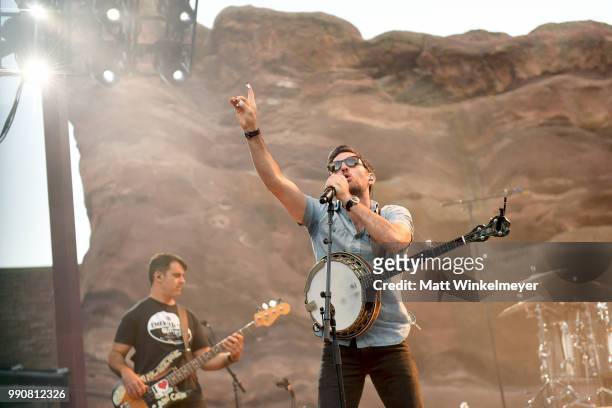 Bob Crawford and Scott Avett of The Avett Brothers perform at Red Rocks Amphitheatre on July 1, 2018 in Morrison, Colorado.