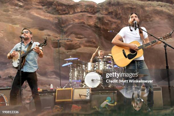 Scott Avett and Seth Avett of The Avett Brothers perform at Red Rocks Amphitheatre on July 1, 2018 in Morrison, Colorado.