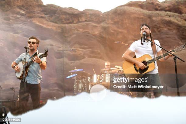 Scott Avett and Seth Avett of The Avett Brothers perform at Red Rocks Amphitheatre on July 1, 2018 in Morrison, Colorado.
