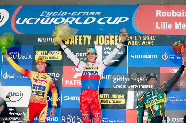 World Cup Roubaix /Podium, Klaas Vantornout , Zdenek Stybar , Sven Nys , Celebration Joie Vreugde /Coupe Du Monde, Wereldbeker, Wc Cm Wb, Tim De Waele