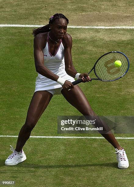 Venus Williams of the USA on her way to victory over Lindsay Davenport of the USA during the women's semi finals of The All England Lawn Tennis...