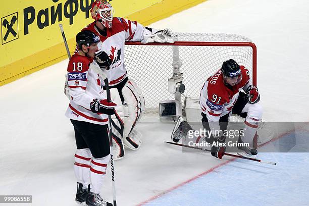 Marc Staal, goalkeeper Chris Mason and Steve Stamkos of Canada react during the IIHF World Championship group C match between Canada and Switzerland...