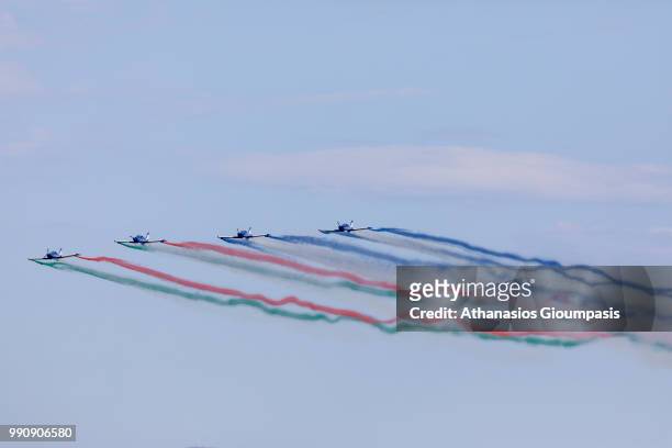 Four FlyLatino FL-100RGs aircrafts of the Italian Blu Circe Team perform an aerobatic display during the Kavala Air Sea Show on June 30, 2018 in...