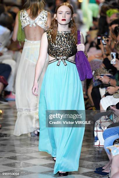 Model walks the runway during the finale of the Miu Miu 2019 Cruise Collection Show at Hotel Regina on June 30, 2018 in Paris, France.