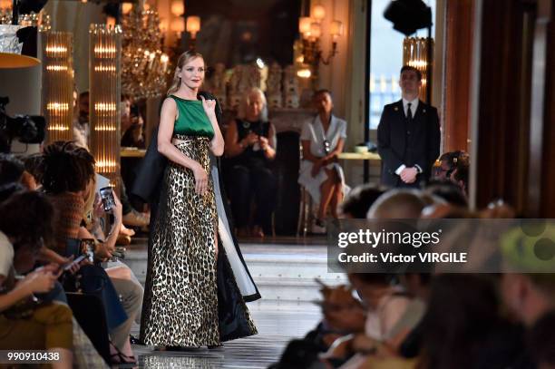 Uma Thurman walks the runway during the finale of the Miu Miu 2019 Cruise Collection Show at Hotel Regina on June 30, 2018 in Paris, France.