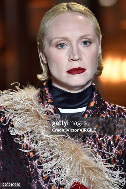 Gwendoline Christie walks the runway during the finale of the Miu Miu 2019 Cruise Collection Show at Hotel Regina on June 30, 2018 in Paris, France.