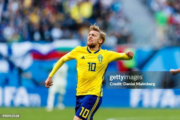Emil Forsberg of Sweden celebrates scoring goal 1-0 during the 2018 FIFA World Cup Russia Round of 16 match between Sweden and Switzerland at Saint...