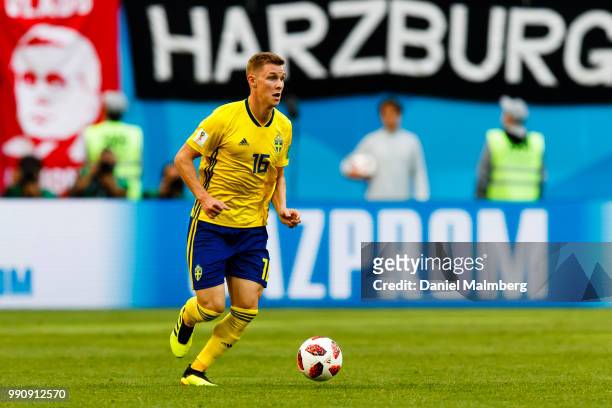 Emil Krafth of Sweden looks on during the 2018 FIFA World Cup Russia Round of 16 match between Sweden and Switzerland at Saint Petersburg Stadium on...