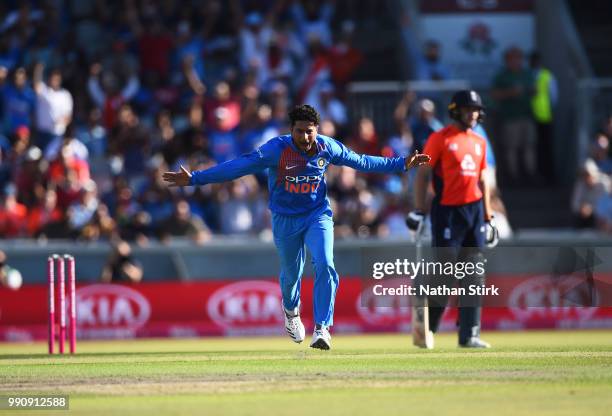 Kuldeep Yadav of India celebrates getting Jonathan Bairstow of England out during the 1st Vitality International T20 match between England and India...