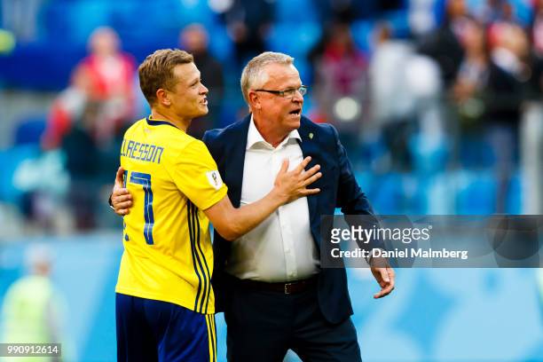 Viktor Claesson of Sweden gives coach Janne Andersson of Sweden a hug after the 2018 FIFA World Cup Russia Round of 16 match between Sweden and...
