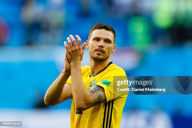 Marcus Berg of Sweden thanks the Swedish fans for their support after the 2018 FIFA World Cup Russia Round of 16 match between Sweden and Switzerland...