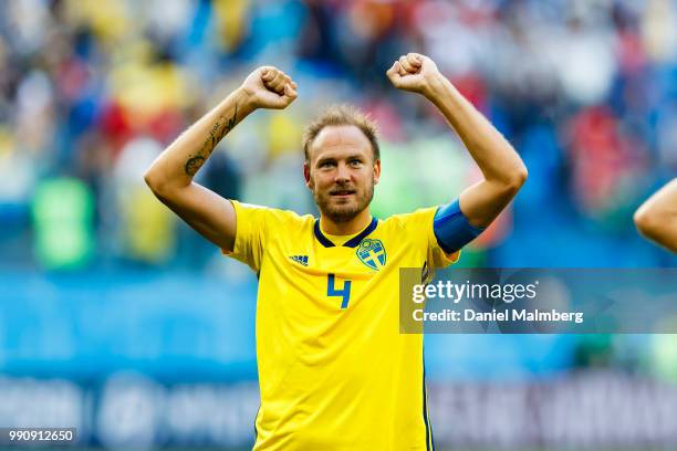Andreas Granqvist of Sweden thanks the Swedish fans for their support after the 2018 FIFA World Cup Russia Round of 16 match between Sweden and...