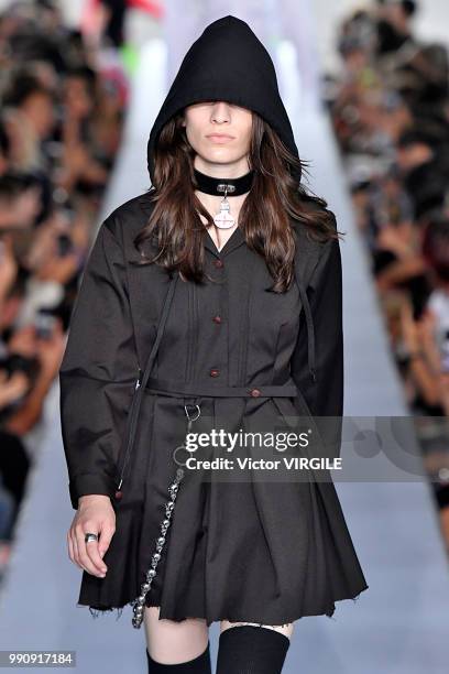 Model walks the runway during the Vetements Ready to Wear Spring/Summer 2019 fashion show as part of Paris Fashion Week on July 1, 2018 in Paris,...