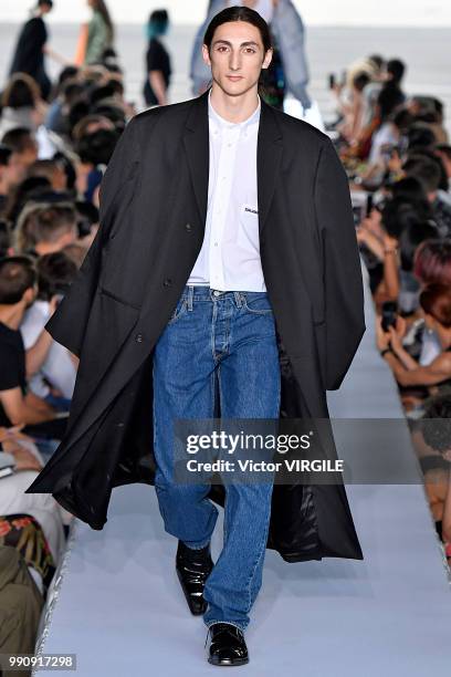 Model walks the runway during the Vetements Ready to Wear Spring/Summer 2019 fashion show as part of Paris Fashion Week on July 1, 2018 in Paris,...