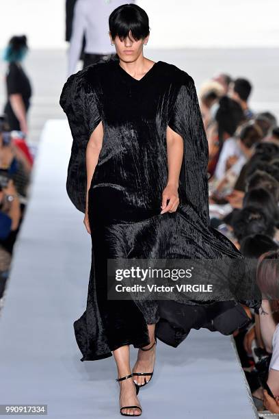 Model walks the runway during the Vetements Ready to Wear Spring/Summer 2019 fashion show as part of Paris Fashion Week on July 1, 2018 in Paris,...