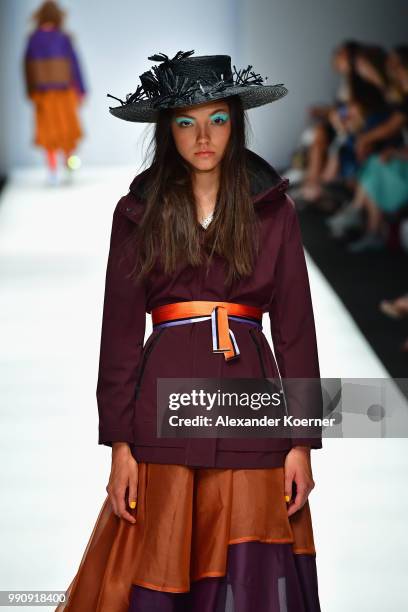 Model walks the runway at the Greenshowroom Selected show during the Berlin Fashion Week Spring/Summer 2019 at ewerk on July 3, 2018 in Berlin,...