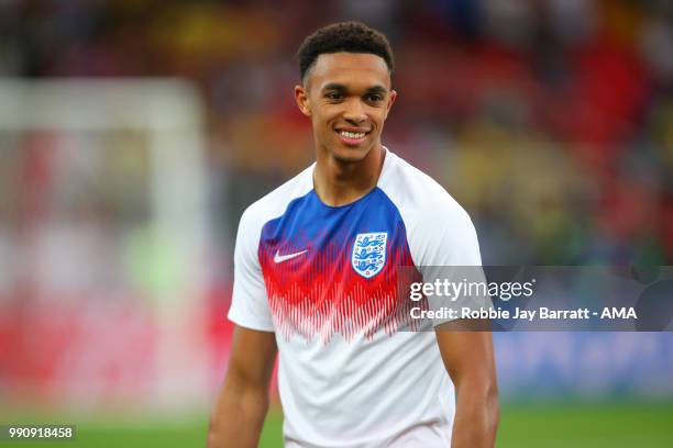 Trent Alexander-Arnold of England warms up prior to the 2018 FIFA World Cup Russia Round of 16 match between Colombia and England at Spartak Stadium...