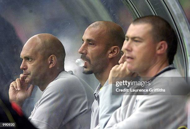 Watford manager Gianluca Vialli blows a bubble in the dug-out during the Manchester City v Watford Nationwide Division One match at Maine Road,...