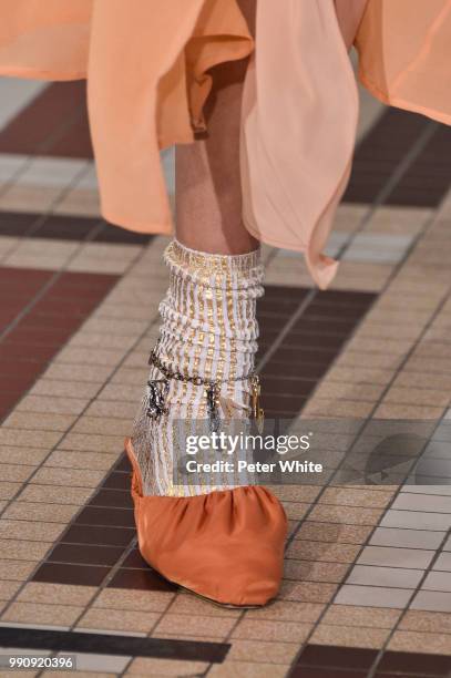 Model, shoe detail, walks the runway during the Acne Studios Womenswear Spring Summer 2019 show during the Paris Fashion Week on July 1, 2018 in...