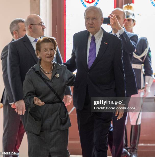 The President pro tempore of the United States Senate Orrin Hatch is accompanied by Portuguese Presidential Diplomatic Adviser Ana Martinho upon his...