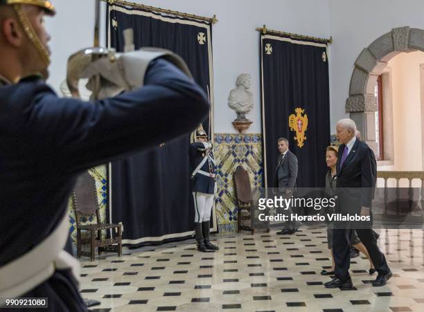 The President pro tempore of the United States Senate Orrin Hatch is accompanied by Portuguese Presidential Diplomatic Adviser Ana Martinho upon his...