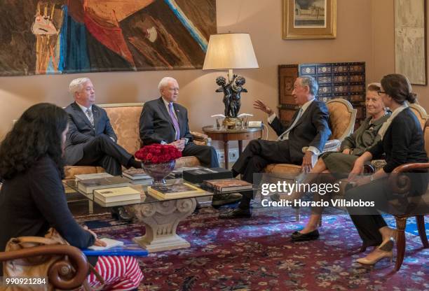 The President pro tempore of the United States Senate Orrin Hatch is accompanied by US Ambassador to Portugal George E. Glass while meeting with...