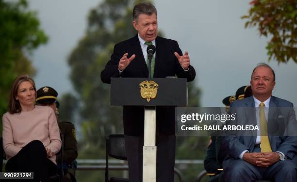 Colombian President Juan Manuel Santos delivers a speech during the ceremony to commemorate the 10th anniversary of Operation Jaque - the military...