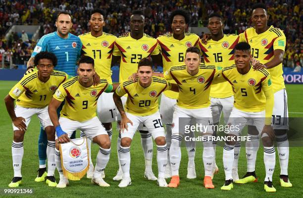 Colombia's forward Juan Cuadrado, Colombia's forward Falcao, Colombia's midfielder Juan Quintero, Colombia's defender Santiago Arias, Colombia's...