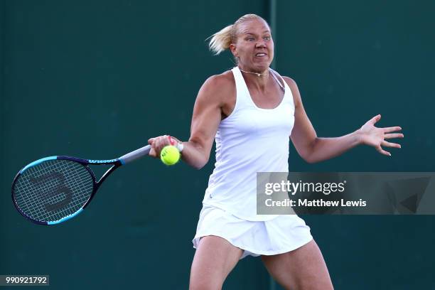 Kaia Kanepi of Estonia returns against Sara Sorribes Tormo of Spain during their Ladies' Singles first round match on day two of the Wimbledon Lawn...