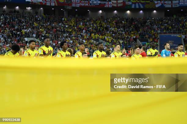Colombia lines up prior to the 2018 FIFA World Cup Russia Round of 16 match between Colombia and England at Spartak Stadium on July 3, 2018 in...