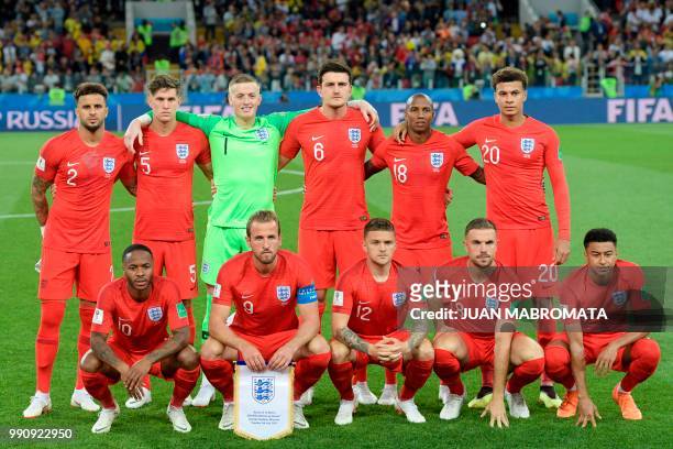 England's defender Kyle Walker, England's defender John Stones, England's goalkeeper Jordan Pickford, England's defender Harry Maguire, England's...